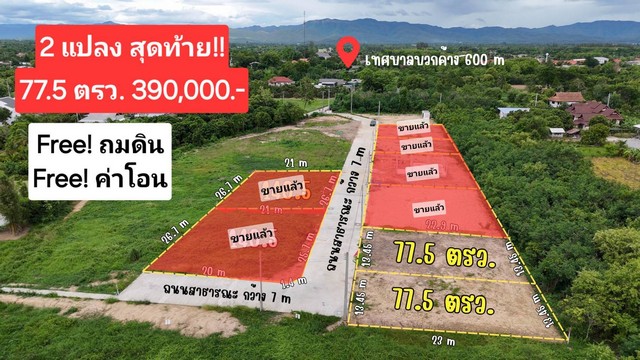 ขายที่ดินจัดสรรเริ่ม 77.5ตรว. ลดสุด 350,000บาท ผ่อนตรงได้ วิวเขา สาธารณูปโภค ต.บวกค้าง อ.สันกำแพง เชียงใหม่